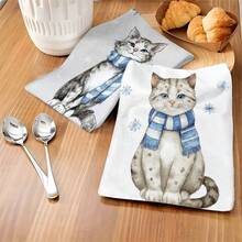1 pièce/2 pièces/100 pièces Serviettes de cuisine et lavettes avec motif d'impression de chat de Noël, convient pour la décoration intérieure des restaurants, cuisines, salles de bain, décoration de fête, cadeaux de Noël