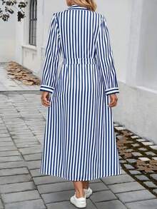 Elegant Women's Striped Tie Waist Maxi Long-Sleeve Shirt Dress With Button Design Comfortable Loose Fit For Daily Office Wear All-Season Casual Style