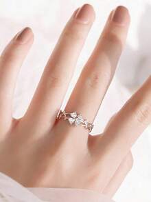 1pc Stainless Steel Purple Four-Leaf Clover & Cubic Zirconia Open Ring, Sweet Style Suitable For Women's Daily Wear - 銀紅色 - 查看 7