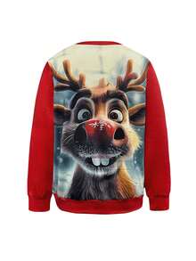 Fashionable Casual Vacation Style Elegant Versatile Women's Outdoor, Home, Travel, Work Pullover Sweatshirt, Christmas Cute Reindeer Nose Print, Lightweight Long Sleeve, Red, Party, Gathering - Red - View 4