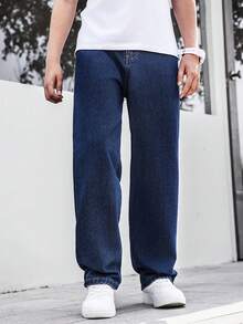 European & American Teenage Boys' Dark Blue Casual Straight Leg Jeans