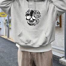 Oversized Men's Gothic Skull Rose Print Hoodie - Heavy 100% Casual Pullover, Loose Street Style With White Gothic Design, Machine Washable Four Seasons Fashion (Black And White Contrast) - Suitable For Concerts And Daily Wear - Black - View 4