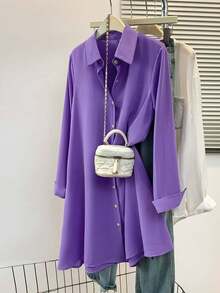 Blus Wanita Lengan Panjang Kerah Kancing Depan Warna Polos, Cocok untuk Musim Gugur, Musim Dingin, dan Musim Semi - Purple - View 2