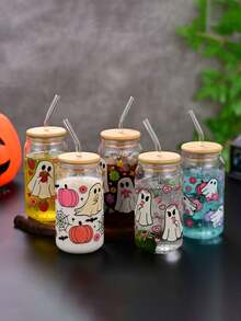 1pc Halloween Soda Cup High Borosilicate Glass Straw Cup Bamboo Lid Water Cup Heat Resistant Ins Style Glass Cup