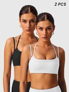 Women's Halter Neck Multi-Shoulder Adjustable Straps Double Layer Beauty Back Yoga Fitness Sports Bra - 彩色 - 查看 3