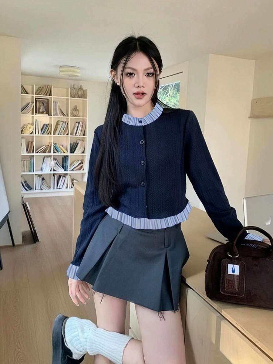 女式圆领长袖上衣，拼接二合一针织开衫