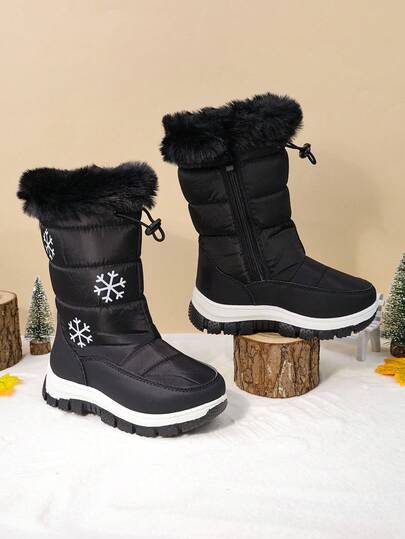 Barnvinterstövlar, flickor tjocka plyschiga snöstövlar till mitten av vaden, tjocka sular med halkfria söta varma skor