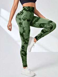 2 Pack Tie Dye High Waist Workout Leggings Sets For Women, Gym Pants, Yoga, Scrunch Butt, Butt Lifting Seamless Leggings - 勃根地紅+軍綠 - 查看 5