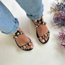 Women's Luxury Flat Sandal With Embellished Details In Turquoise Blue, Elegant Blogger - Black - View 3