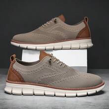 新款男士轻便透气网眼运动鞋，卡其色时尚休闲鞋，舒适加大码男士乐福鞋