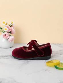 Velvet Bow Decor Everyday Baby Girl Shoes, Suitable For Autumn/Winter - Burgundy - View 6