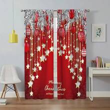 2 pièces Rideaux élégants avec motif d'étoile de boule de Noël rouge et or imprimé à plat, installation de tringle à poche, rideaux à impression numérique, matériau en polyester, convient pour le salon, la cuisine, la chambre, le bureau, la salle à manger, la décoration de la maison, la décoration de Noël