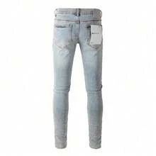 Pantalones De HombrePUR Jeans Pants Torn Jeans American Street Style Ripped Gold Foil Denim Pants For Men Distressed  High Waist Straight Leg Jeans Ropa De Hombre   Men Clothes   Pantalones De HombrePURPLE - 藍色 - 查看 2