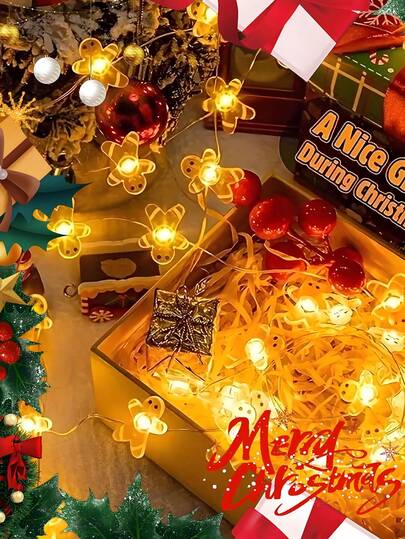 Christmas And Thanksgiving Decorative Art Style Gingerbread Man LED String Set-Orange Battery-Powered Interior Decoration, Santa Claus Theme, Autumn Festival Chandelier, Switch Control, Plastic Material-AA Battery Without Plug-Battery Required (Not Included).