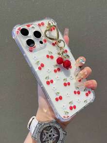 1 pieza Funda protectora de teléfono transparente de unicolor con lindo diseño de cereza y colgante de cereza, compatible con iPhone 17/17 Air/17 Pro/17 Pro Max/16/16 Pro/16 Plus/16 Pro Max/15/14/13/12/11/13, 14 Pro Max, 11 - Cubierta protectora suave de TPU que absorbe los golpes