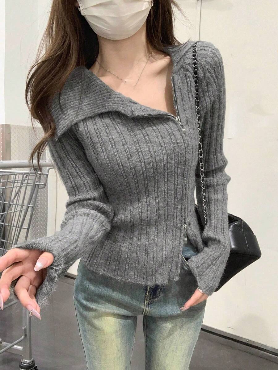 不对称设计双拉链开衫针织女衫，新款秋季修身长袖短款上衣