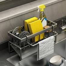 1 Simple Metal Kitchen Sink Rack, Self-Draining Kitchen Sink Organizer, Sponge Draining Rack, Suitable For Kitchen/Bathroom Countertop Storage, Comes With A Towel Rod, Available In Black, Gray, And White