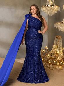 Faeriesty Curve Plus ELegant Sequin Off-Shoulder Mermaid Evening Gown With Organza-Trimmed Shoulders | Luxe Formal Design | Perfect For Weddings, Galas, Award Ceremonies, And Black-Tie Events - Royal Blue - View 4