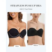Strapless Bra Push Up Non Slip Deep V Plunge Underwire Bras For Women Super Padded Add 2 Cups - BlackBra - 查看 3