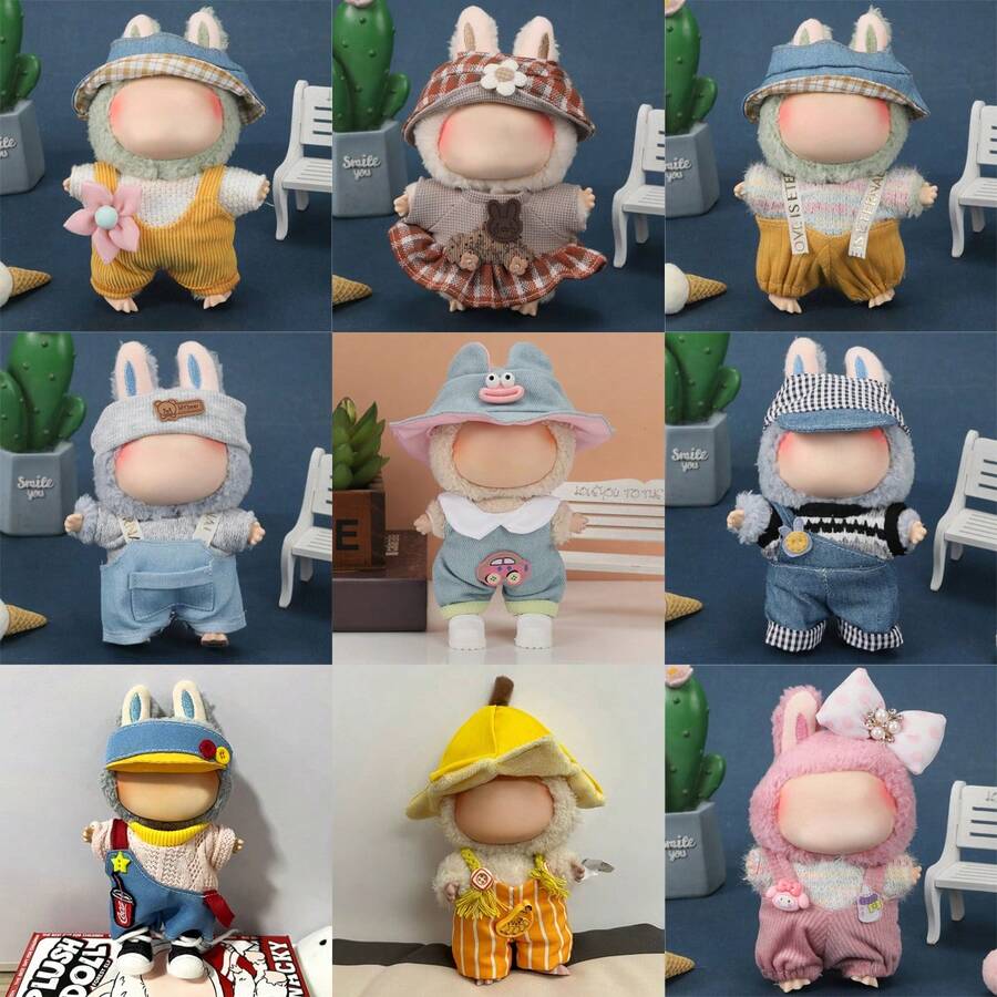 Conjunto de ropa para muñeca de 17 cm, compatible con Labubu, conjunto de ropa adecuado para muñecas de 6.7-pulgadas, accesorios de sombrero y ropa de moda y únicos, adecuado para muñecas de primera/segunda/tercera generación para jugar y exhibir, solo conjunto de ropa (excluye muñecas y zapatos)