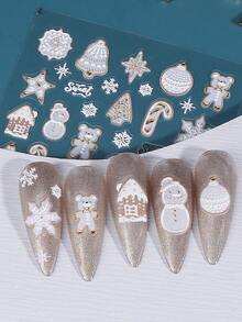 2pcs White Gingerbread Embossed Winter Nail Stickers Christmas Tree Snowman Snowflake Snow House Christmas Ball 5D Cartoon Decals Holiday Nail Slider New Year Gift Manicure Decoration Supplies For Salon DIY