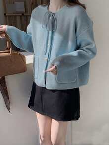 Alicedudu 女士秋冬柔软韩版系带蝴蝶结厚款宽松开衫毛衣 - 淺藍色 - 查看 5