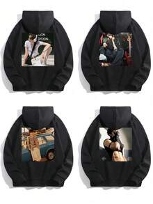 Plus Size Men's Personalized Hoodie, Customize Your Photo/Group Photo/Couple/Couples/Family/Friend/Pet/Landscape Photo, Black Plus Size Top, Plus Size Men's Thermal Lined Hoodie, Best Friend Gift, Winter, Valentine's Day/Father's Day/Anniversary/Birthday Gift, Gift For Him, Plus Size Men's Apparel, Anniversary Gift, Company Team Building Top Customization, Charity Team Top Customization, Family Gathering Top, Autumn/Winter Thermal Lined Hoodie - Black - View 2