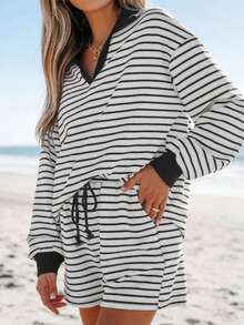 2件套女士休闲条纹落肩上衣和短裤套装 - 黑與白 - 查看 4