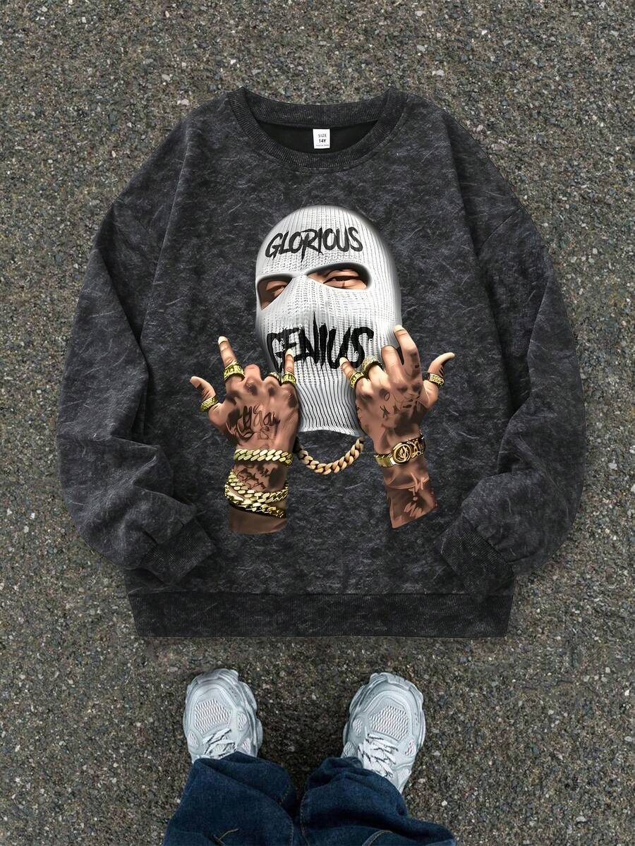 1PC Boy Cool Street Hip - Hop Pattern Sweatshirt, And Eye - Catching, Essential For Hip - Hop - Themed Parties In Spring And Autumn - Black - View 1