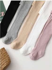 5双纯色竖条纹棉质连裤袜/打底裤，适合女婴，糖果色 - 彩色 - 查看 3