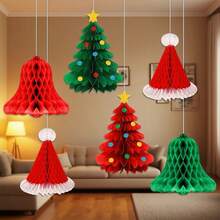 1/2/3pcs Festive Christmas Honeycomb Pendant Set - Colorful Paper Tree & Hat Bell Decorations For Winter & New Year Celebrations, Ideal For Holiday Tree Ornaments, Christmas Decorations