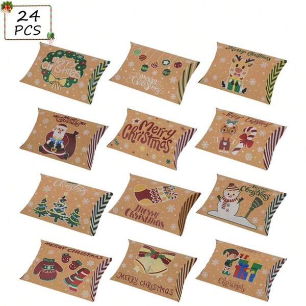 24 Cajas de almohada navideñas de papel kraft, cajas decorativas para tarjetas de regalo, portamonedas navideños