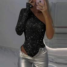 2025 Spring Summer Wish Hot Girl Sexy One-Shoulder Tight Rhinestone Sequin Top - màu đen - Xem 3