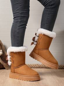 1 Paar Große Größen 36-42 Warme Kuschelfutter Einfarbig Mode Schleife Dicke Sohle Schneestiefel, geeignet für drinnen und Outdoor