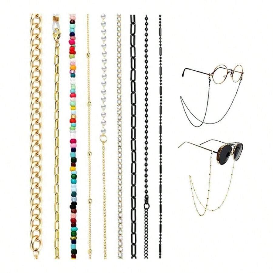 Cadena Gafas 9 Piezas, Cordones para Mascarillas Gafas, Cadena para Gafas Mujeres Hombres Cadenas para Gafas de Sol de Metal Cadenas Gafas con Cristal Cuentas Elegante Gafas Cadena Retenedor para Gafas Mltiples Aplicaciones - A - Ver 1