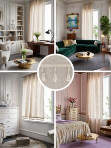 MineLain 1pc Boho Plain Color Linen Tassel Window Curtain, Semi-Blackout Washable Rod Pocket Curtain Panel For Room Divider, Kitchen, Easy Install, Home Decor For Bedroom, Study, Balcony, Living Room, Bay Window - Apricot - View 5