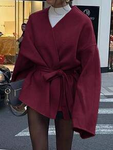 Vaiaye Women's Solid Color Wool Cardigan Coat, Suitable For New Year And Thanksgiving - Burgundy - View 6