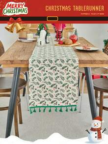 1pc Vintage American Style Pine Branch Printed Table Runner, Gold Foil Decor, Suitable For Christmas Party, Kitchen, Home Decor - Multicolor - View 2