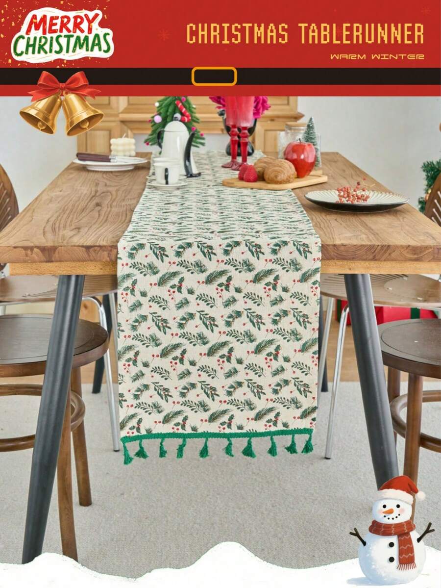 1pc Vintage American Style Pine Branch Printed Table Runner, Gold Foil Decor, Suitable For Christmas Party, Kitchen, Home Decor
