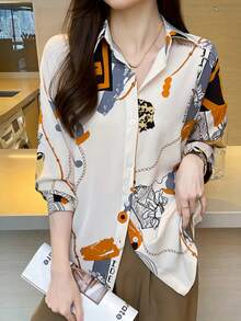 畅销款女士印花单扣休闲宽松长袖衬衫，秋季办公衬衫，春季白色 - 白色 - 查看 3