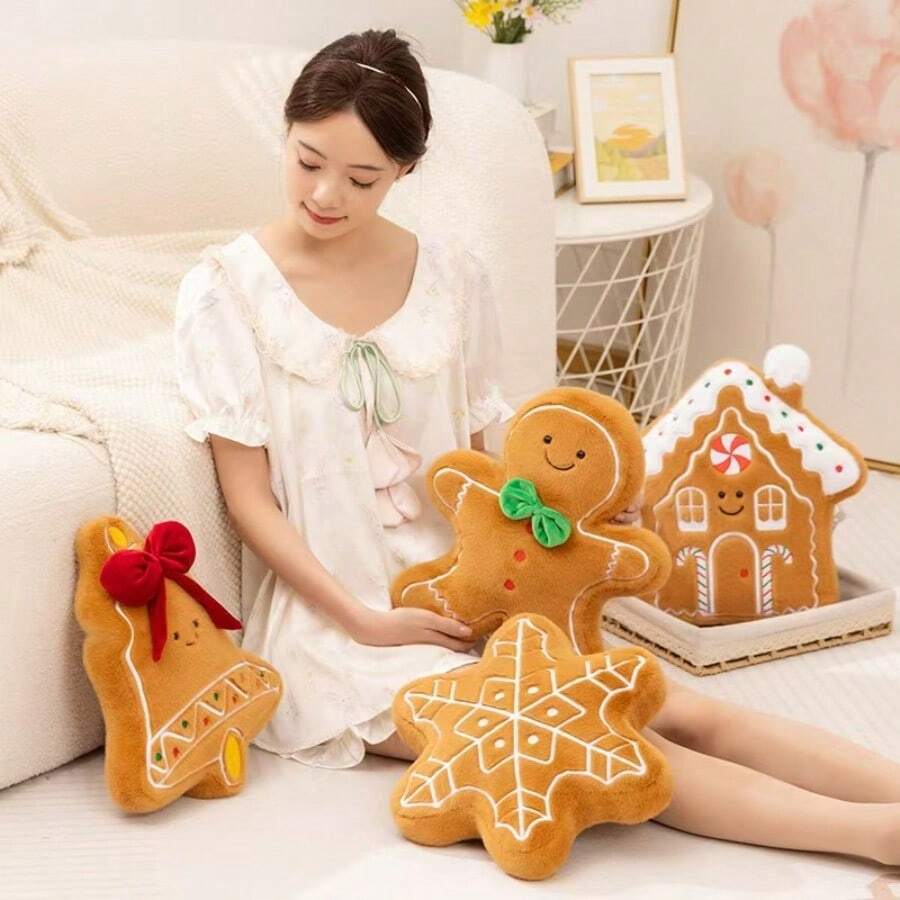 可爱的圣诞装饰抱枕、圣诞树、姜饼人毛绒玩具、圣诞铃铛、雪花、姜饼屋娃娃靠垫、节日装饰、儿童圣诞礼物、平安夜新年家居客厅饼干人抱枕装饰 - 均碼 - 查看 1