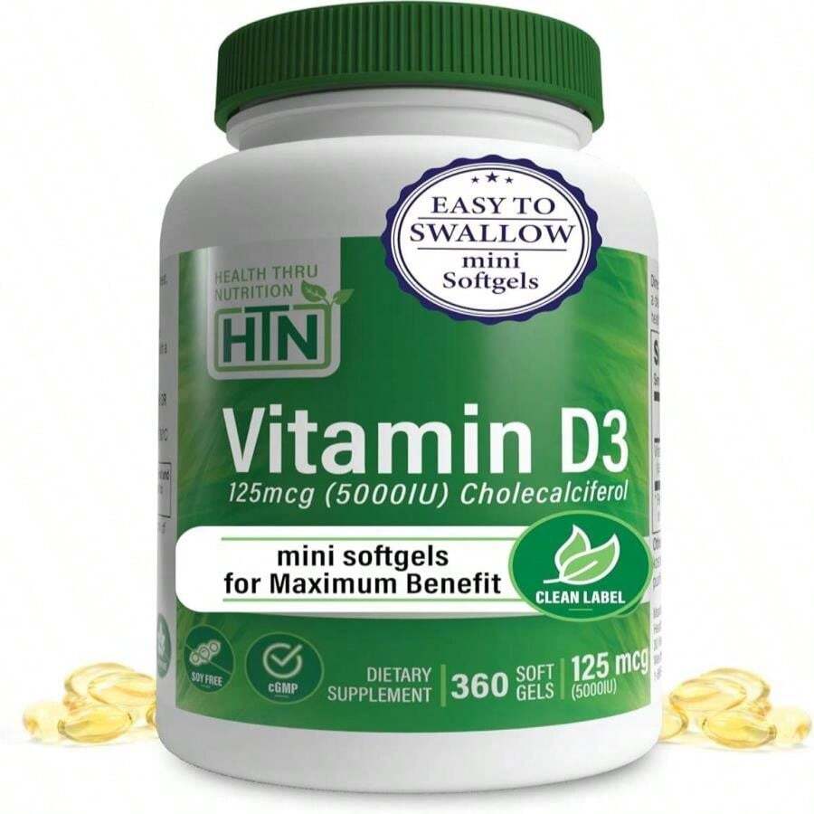 Health Thru Nutrition Vitamin D3 5,000iu 360 Mini Softgels For Maximum Benefit Year Supply | 125mcg Cholecalciferol | 3rd Party Tested | Non-GMO USP Grade In Organic EVOO | Immune Health Support - Flavor NameB - 查看 1