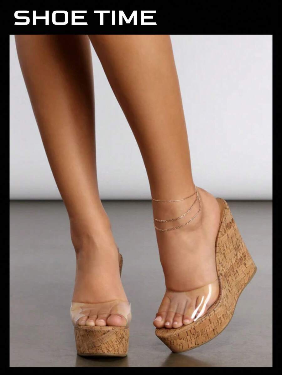 Women's Platform Wedge Slide Sandals – Open Toe Slip-On High Heel Mules With Cork Design - Brown - View 1