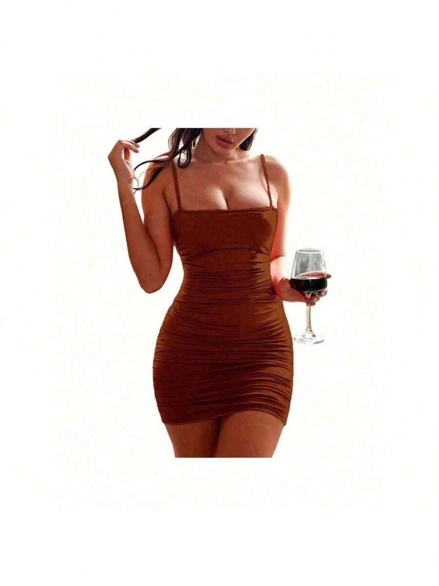 Pleated Strappy Dress, Party Look, Gringa Style, Nightclub - 鏽棕色 - 查看 1