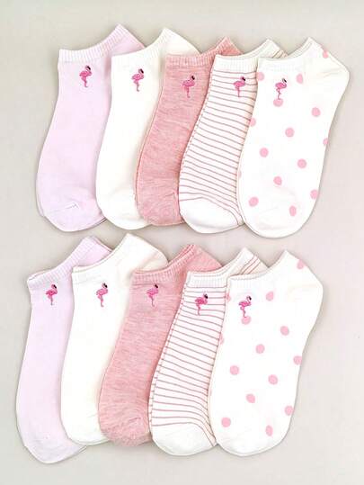 1/5/10 Pairs (Random Delivery) Women's Colorful Embroidered Flamingo Casual Ankle Socks, Suitable For Daily Wear