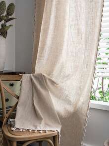 MineLain 1pc Boho Plain Color Linen Tassel Window Curtain, Semi-Blackout Washable Rod Pocket Curtain Panel For Room Divider, Kitchen, Easy Install, Home Decor For Bedroom, Study, Balcony, Living Room, Bay Window - Apricot - View 13