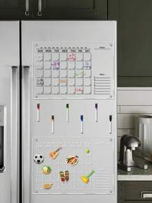 1 Month Planner Magnetic Board (Black/White), Includes 6 Magnetic Dry Erase Markers, Transparent Double-Layer Fridge Board, Display & Writing Board, Magnetic Refrigerator Memo Pad