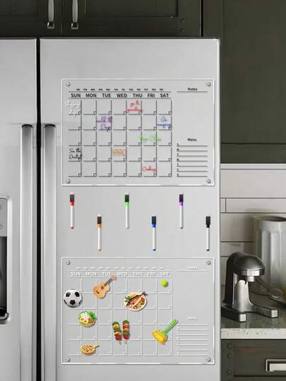 1 Month Planner Magnetic Board (Black/White), Includes 6 Magnetic Dry Erase Markers, Transparent Double-Layer Fridge Board, Display & Writing Board, Magnetic Refrigerator Memo Pad