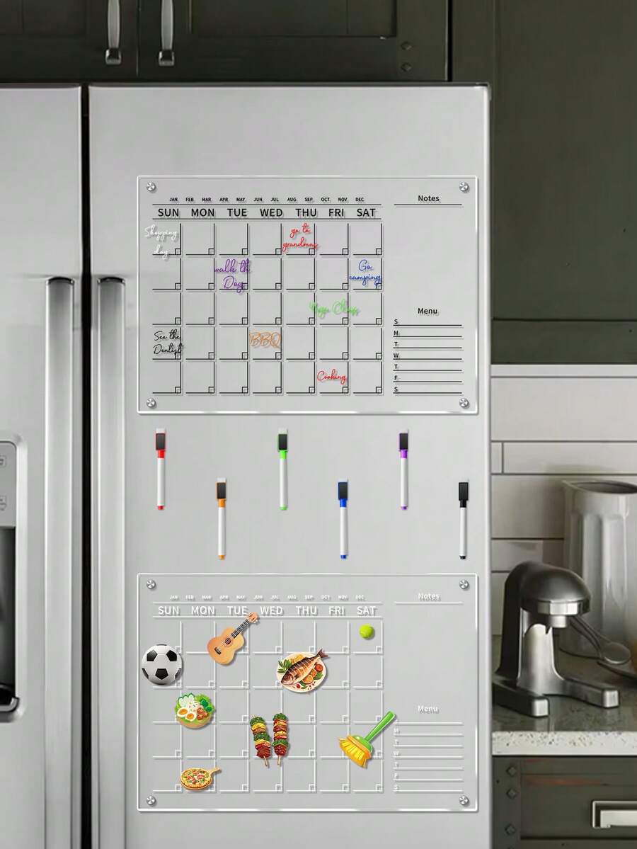 1 Month Planner Magnetic Board (Black/White), Includes 6 Magnetic Dry Erase Markers, Transparent Double-Layer Fridge Board, Display & Writing Board, Magnetic Refrigerator Memo Pad