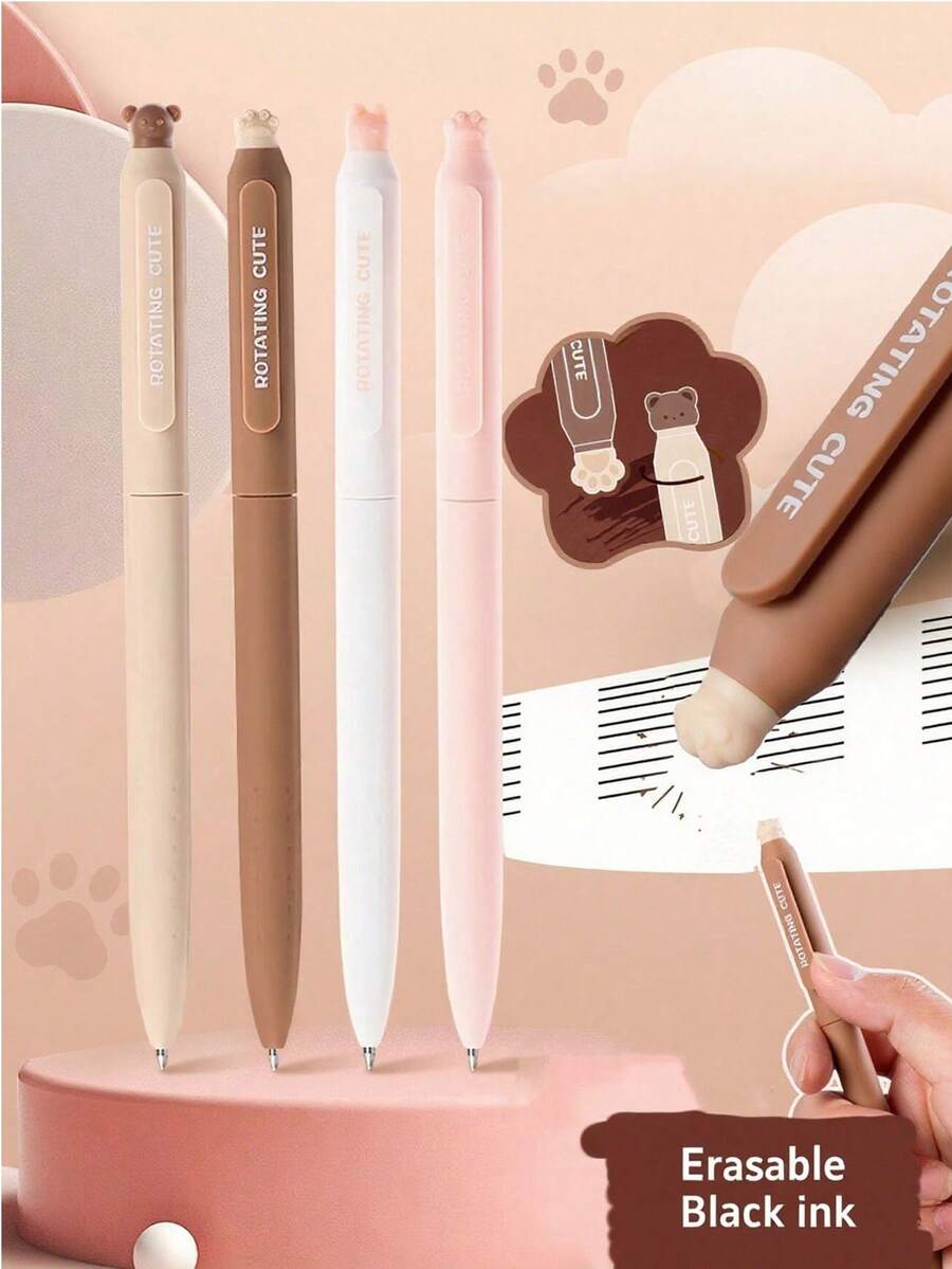 4pcs Cartoon Paw Gel Pens Set Erasable Black Color Ink Rotating Open 0.5mm Ballpoint For Writing Office School